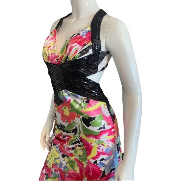 Prom Dress Shimmering Black/Pink Floral Prom  Criss-Cross Back size 3/4 - Picture 10 of 11